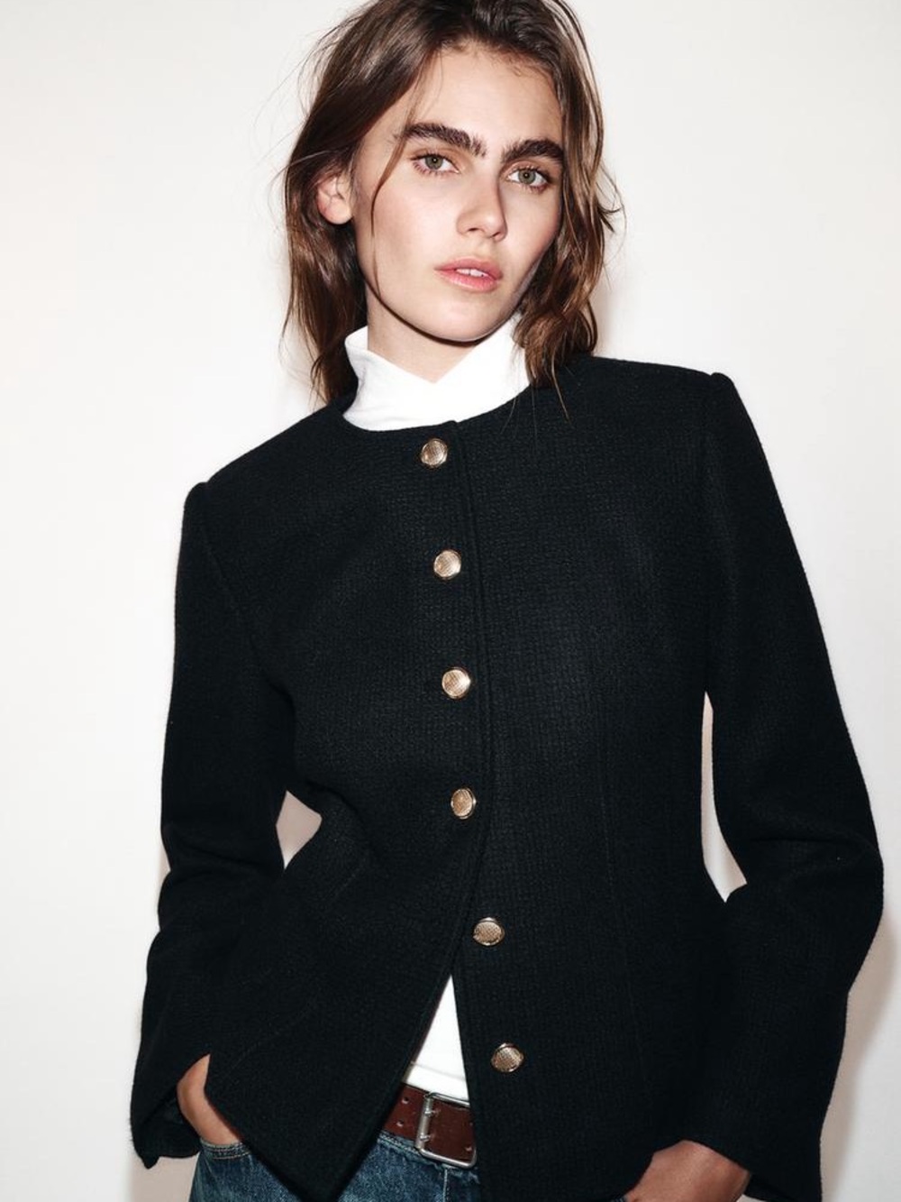 Zara Black Button-Front Structured Jacket with Gold Buttons